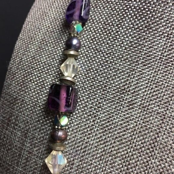 Purple Pendant Necklace Iridescent Toggle Silver Clear Faceted Retro Boho Glam - Picture 4 of 8